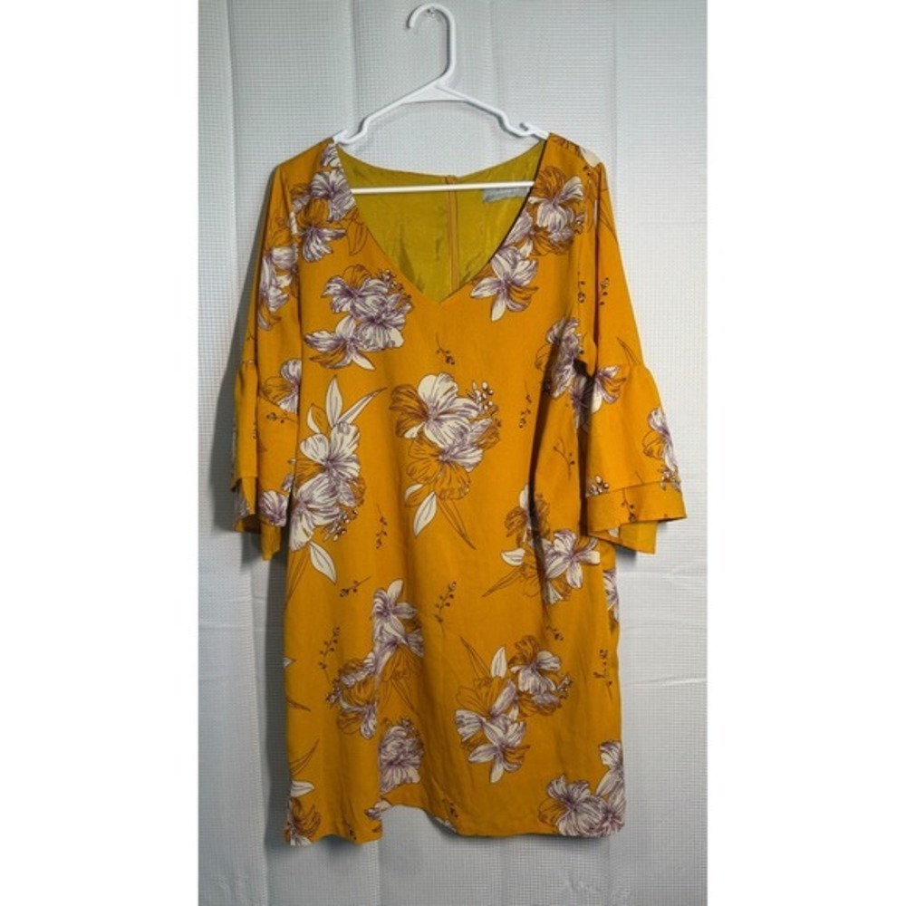 Belongsci Floral Shift Dress Large Mustard Yellow Ruffle Bell Sleeve‎
